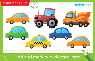 Find and mark two identical items. Puzzle for kids. Matching game, education game for children. Color images of cartoon cars. Transport or vehicle. Worksheet for preschoolers