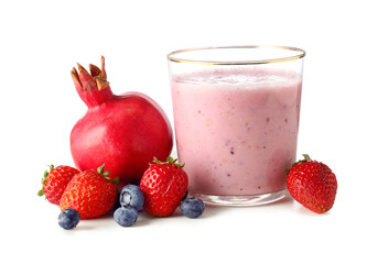 Glass of tasty berry smoothie on white background
