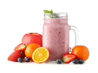 Mason jar of tasty fruit smoothie on white background