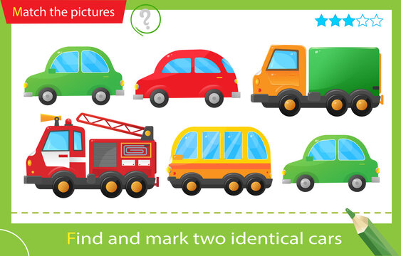 Find and mark two identical items. Puzzle for kids. Matching game, education game for children. Color images of cartoon cars. Passenger cars, truck, fire truck and bus. Transport or vehicle