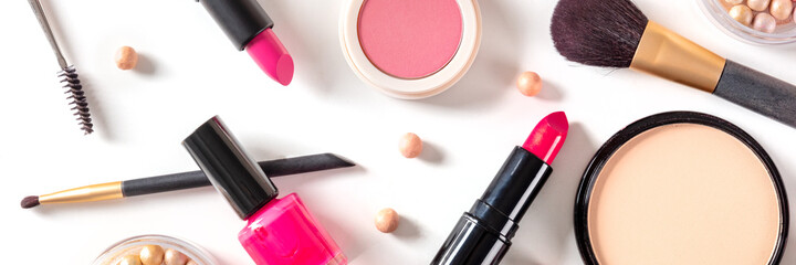 Makeup panorama, shot from the top. Many different cosmetic products