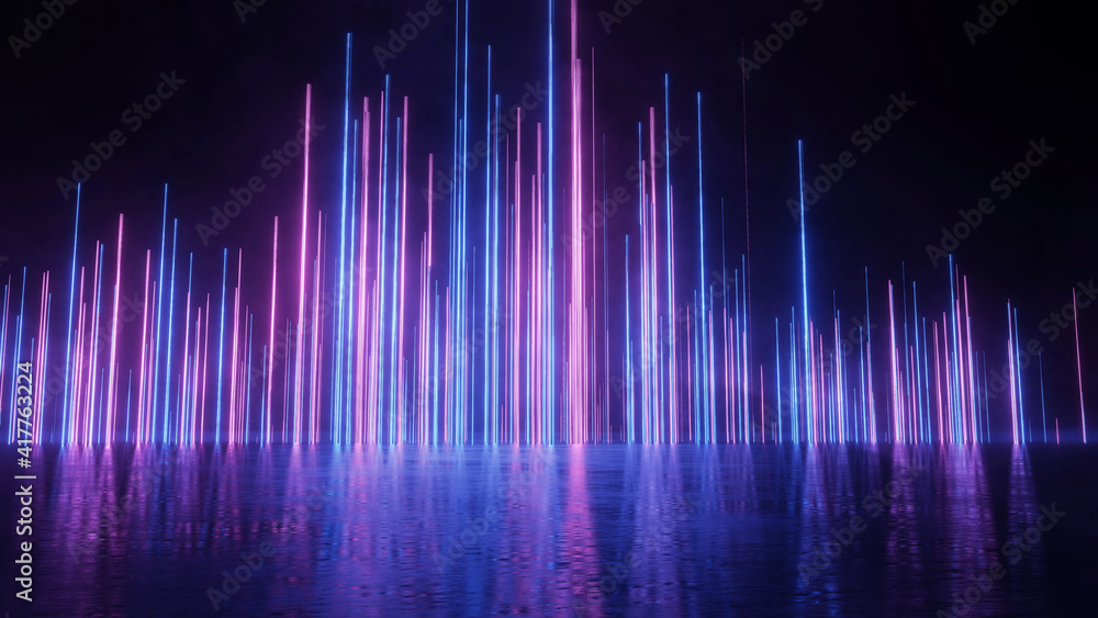 Poster 3d rendering of led neon glow lights with reflection on grunge wet floor. for product display, adver