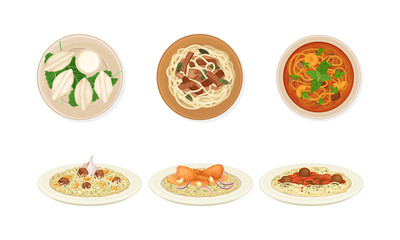 Traditional Dishes of Uzbek Cuisine with Meat, Rice and Noodles Above View Vector Set