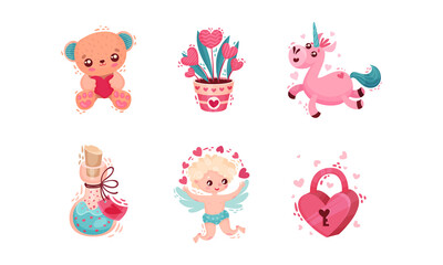 Saint Valentine Day Festive Attributes and Symbols with Cherub Unicorn Vector Set