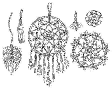 Set of isolated illustrations with dreamcatcher, macrame, lace. Pencil drawing. The print is used for Wallpaper design, fabric, textile, packaging.