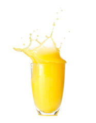 Glass of orange juice with splash on white background