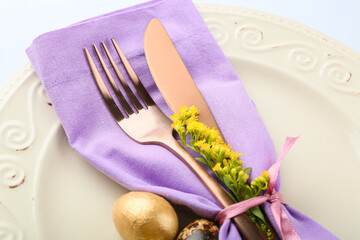 Beautiful table setting for Easter celebration, closeup