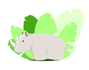 Cute rhinoceros on a background of green leaves. Safari Animals