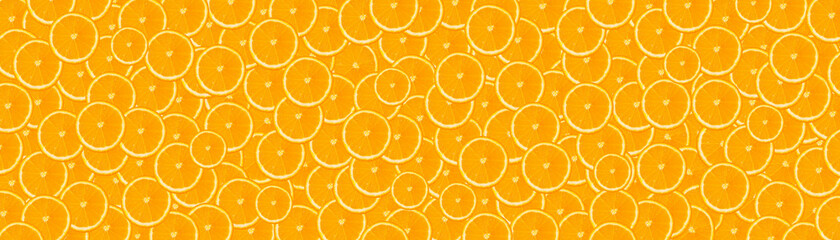 long banner with orange background. background with oranges, flat top view.