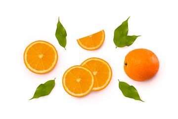 beautiful oranges with leaves on a green background. flat top view of oranges