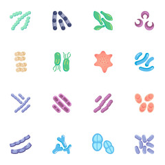 Bacteria and germs elements collection, microbes and viruses flat icons set, Colorful symbols pack contains - lactococcus, pneumococcus, staphylococcus. Vector illustration. Flat style design