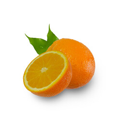 cut of an orange close-up on a white background. bright orange with leaves