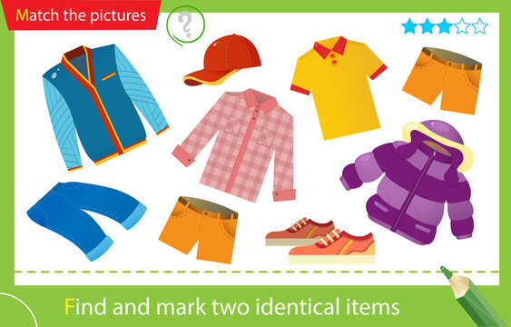 Find and mark two identical items. Puzzle for kids. Matching game, education game for children. Color images of male clothing. Tee shirt, shorts, shirt, jeans, sneakers and baseball cap