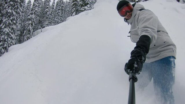 High Speed Snowboard POV Riding Backcountry Pillows of Powder Snow