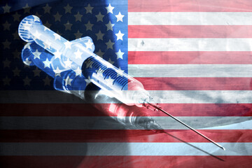 Flagge von USA, Spritze und Impfung gegen Corona Virus
