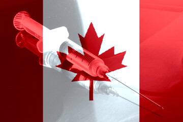 Flagge von Kanada, Spritze und Impfung gegen Corona Virus