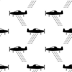 Crop Duster Icon Seamless Pattern, Aircraft Spray Pesticides Fertilizer On Crop