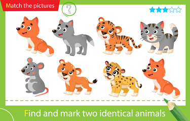 Find and mark two identical animals. Puzzle for kids. Matching game, education game for children. Baby animals. Little cat, wolf, lion, tiger, cheetah, fox, mouse