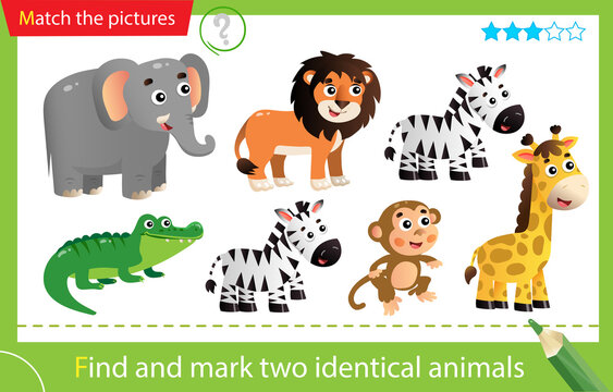 Find and mark two identical animals. Puzzle for kids. Matching game, education game for children. Color images of animals of Africa. Zebra, crocodile, giraffe, monkey, lion, elephant