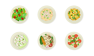 Vegan Dishes and Main Courses with Grilled Vegetables, Fresh Salad and Pasta with Mushrooms Vector Set