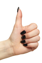 Female hands with black nails manicure with thumb up  isolated on white background.