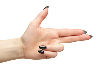 Female hand with black nails manicure isolated on white background. Hands in the shape of a pistol