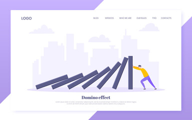 Domino effect business resilience metaphor vector illustration concept. Adult young businessman pushing falling domino line business concept of problem solving and stopping domino chain reaction.