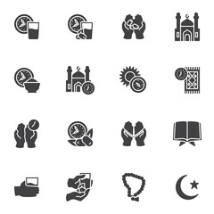 Ramadan Kareem vector icons set, modern solid symbol collection, filled style pictogram pack. Signs, logo illustration. Set includes icons as Islamic holiday, iftar food, namaz praying time, mosque