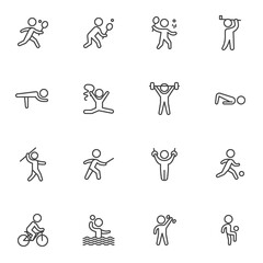 Kinds of sports line icons set, outline vector symbol collection, linear style pictogram pack. Signs, logo illustration. Set includes icons as athletics, cycling, fencing, figure, gymnastics, tennis