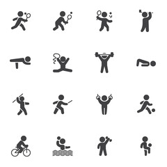 Kinds of sports vector icons set, modern solid symbol collection, filled style pictogram pack. Signs, logo illustration. Set includes icons as athletics, cycling, fencing, figure, gymnastics, tennis