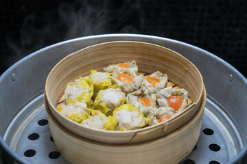 Steamed dumplings in a hot oven Ready to serve and eat, Asian food.