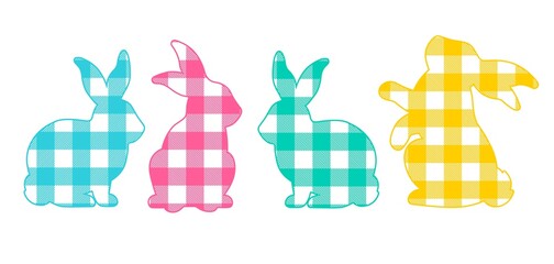 Silhouettes collection of Rabbits buffalo plaid colorful isolated on white background .Bunny Vector flat illustration. Easter design elements for birthday, party, holiday, prints