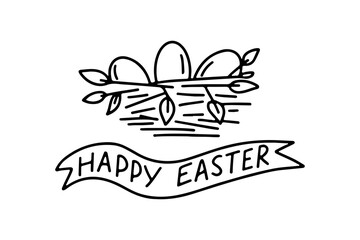 Hand drawn doodle Happy Easter card with nest, eggs isolated on white background. Vector illustration. Design for coloring book, greeting card, print.