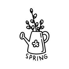 Hand drawn doodle Spring card with watering can and willow  isolated on white background. Vector illustration. Design for coloring book, greeting card, print.