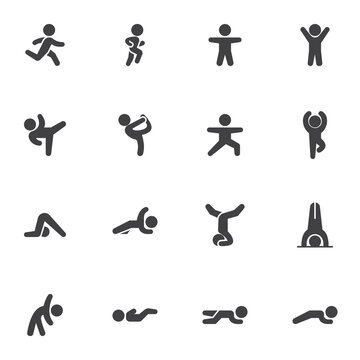 Sports exercise vector icons set, modern solid symbol collection, filled style pictogram pack. Signs, logo illustration. Set includes icons as gymnastics training, figure exercise