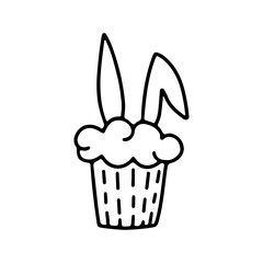 Hand drawn doodle Happy Easter card with bunny, cupcake isolated on white background. Vector illustration. Design for coloring book, greeting card, print.