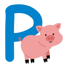 Capital letter P of English alphabet with cute cartoon Pig. Funny font for kindergarten and preschool education. Hand-drawn vector illustration on white background