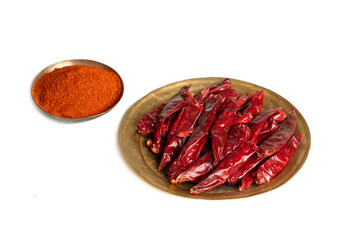 Dried Red Chili Peppers with Red Chili Powder isolated on White Background