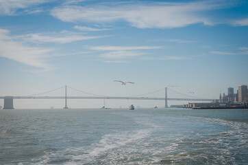 Ocean view and Island Ferry Boat on the way to Alcatraz Island, San Francisco, USA