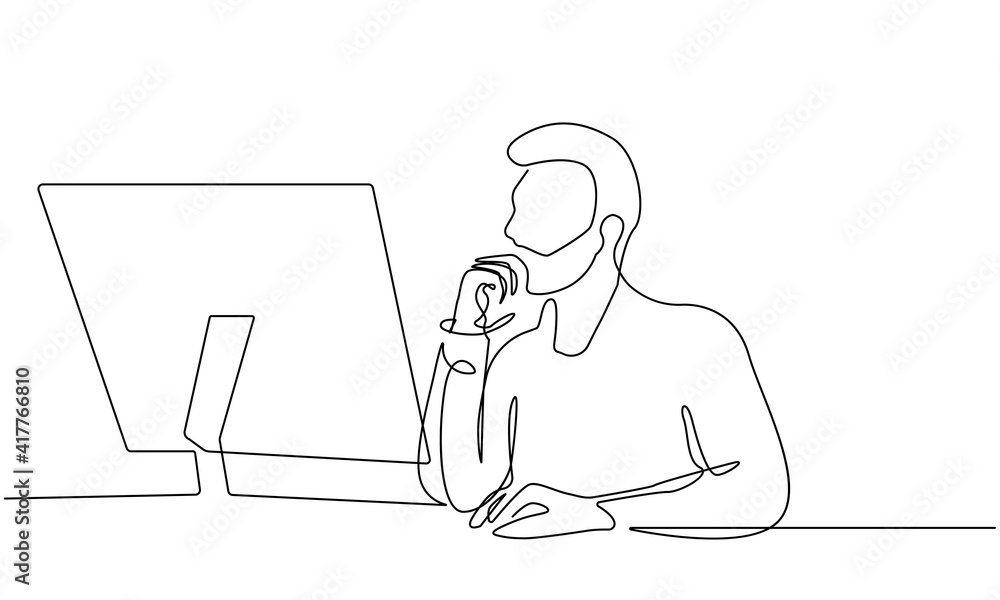 Fototapete man working in office trendy line art drawing. businessman minimalistic black lines drawing on white