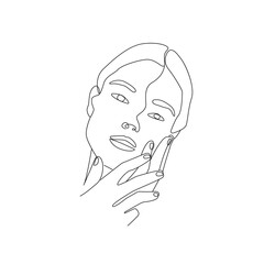 Trendy Line Art Woman Drawing. Minimalistic Black Lines Drawing. Female Face Continuous One Line Abstract Drawing. Modern Scandinavian Design. Vector Illustration.