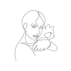 Trendy Line Art Woman and Cat Drawing. Cat Lovers Minimalistic Black Lines Drawing. Female Face and Kitten Continuous One Line Abstract Drawing. Modern Scandinavian Design. Vector Illustration.