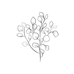 Flower with Leaves Line Art Drawing. Floral Minimalist Contour Drawing. Botanical One Line llustration. Plant Black Sketch Isolated on White Background. Vector EPS 10