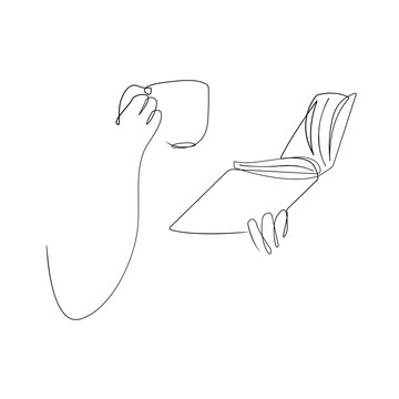 recommend clip art: Woman Hands with Book and Coffee Cup Continuous One Line Drawing. Female Hands with Book and Coffee Cup Single Line Art Illustration. Contour Drawing Minimalist Style. Vector Illustration.