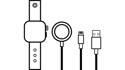 Smart watch, Wireless Charger, Cable Charge, USB Cable Smart Device Outline icon Isolate on White Background