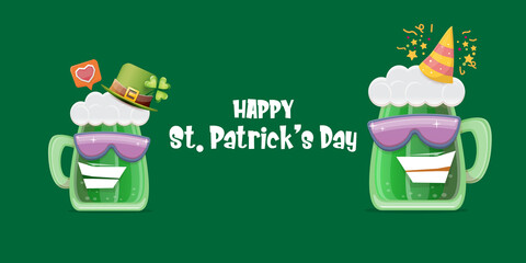 Happy st. Patricks day horizontal banner with cartoon funny beer glass friends characters with sunglasses isolated on green background. Patricks day cartoon comic poster with funky green beer