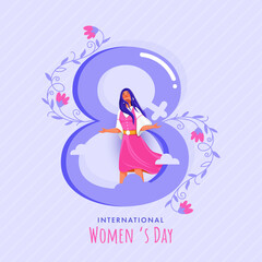 Beautiful text 8 with Feminine Symbol, Young Happy Girl Illustration and Flowers. International Womens Day Greeting Card Design.