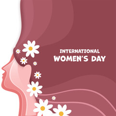 International Womens Day Greeting Card With A Women Face And White Flowers.
