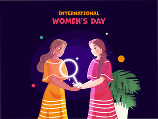 International Womens Day Concept With Young Girls Holding Feminine Symbol. Womens Day Greeting Card.