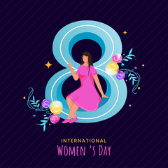 Beautiful text 8 with Feminine Symbol, Young Happy Girl Illustration and Flowers. International Womens Day Greeting Card Design.